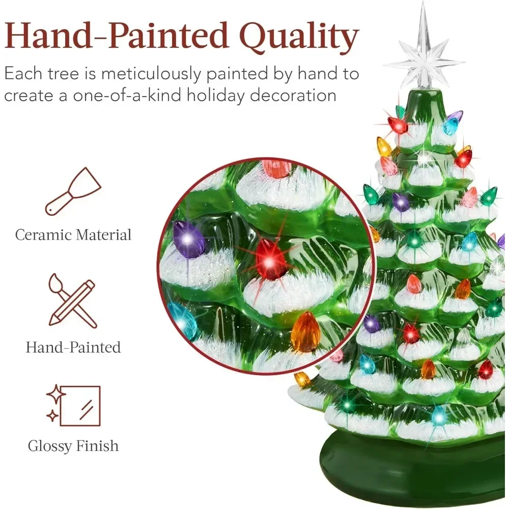 Christmas Tree 15in Ceramic  Pre-lit Hand-Painted Tabletop Holiday Tree, 2 Star Toppers, 64 Lights - Flocked Christmas Trees