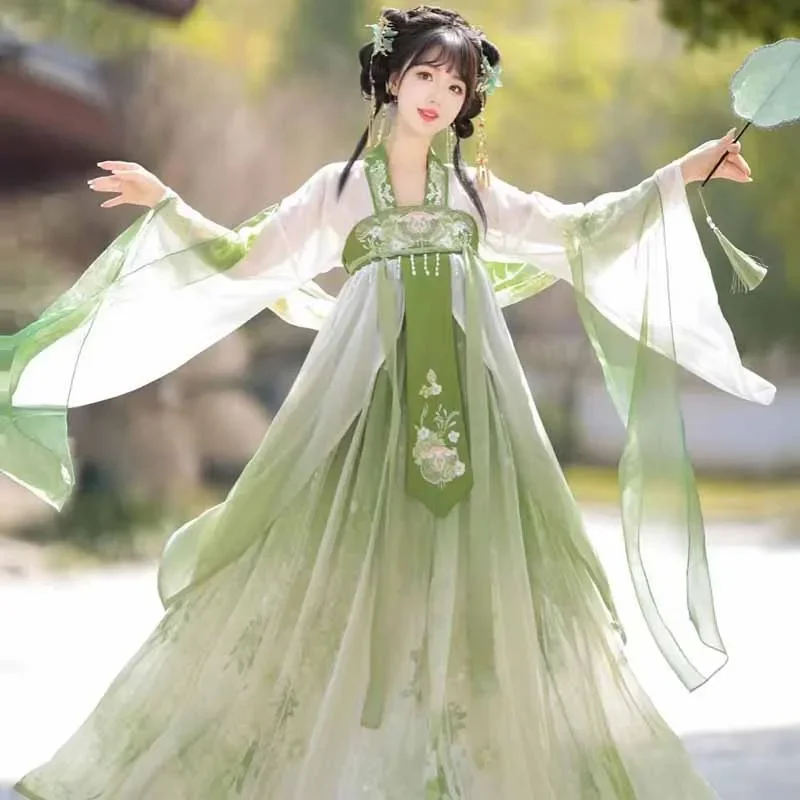 

Негабаритное женское традиционное китайское платье Hanfu с вышивкой, костюм феи для косплея Hanfu, градиент зеленого цвета для женщин, большие размеры 3XL