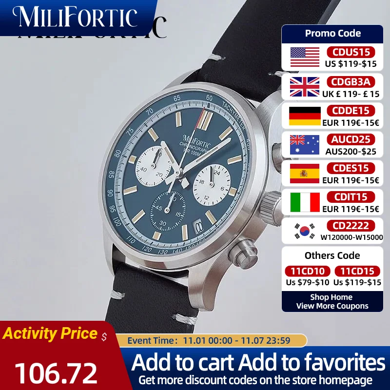 

Milifortic Classic 3 Sub-dial Chronograph Watch 10ATM Leather Sapphire Luminous Stainless Calendar Dress Men Quartz Wristwatches