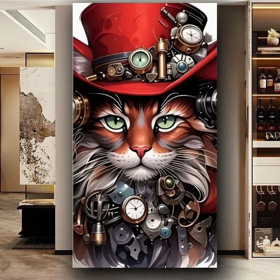

DIY Vibrant Steampunk Cat Diamond Art Painting For Decor, Full Square Round Diamond Embroidery Mosaic Cross Stitch Kits Big Size