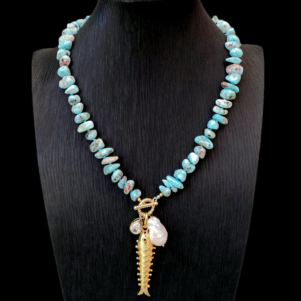 KKGEM Natural Freeform Shape Blue Larimar Strand Necklace Carved Copper Fish Pearl Pendant