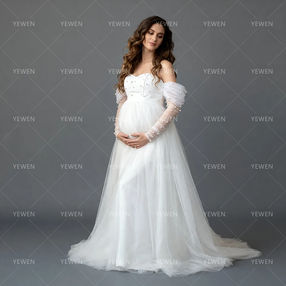 Maternity Dress Photoshoot Ivory Off-Shoulder Sweetheart Neckline Pearl Dresses for Pregnant Women Baby Shower Dress YW63272D