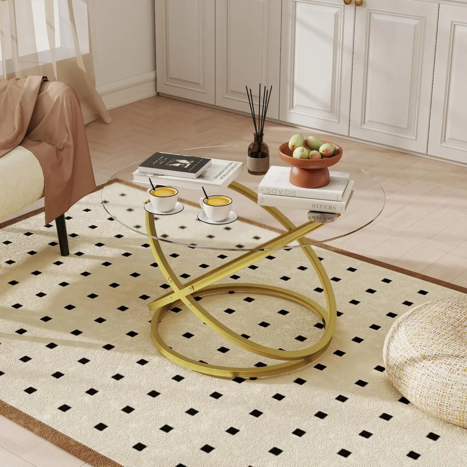 Glass Coffee Table, Round Ring Gold Metal Frame, Large Modern Minimalist Coffee Table For Decoration