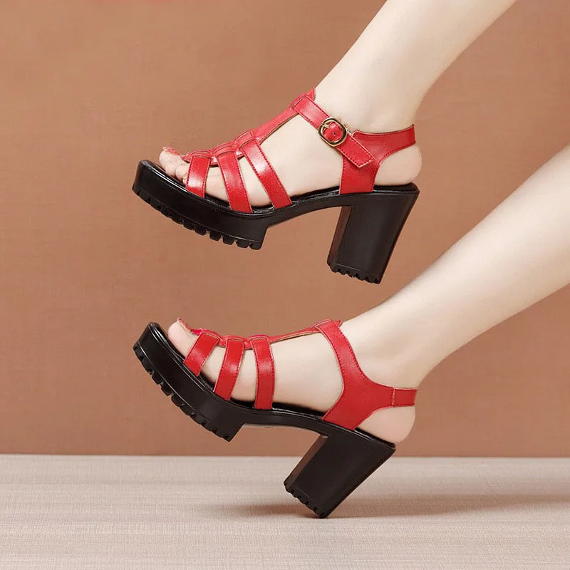 High quality summer leather sandals for women 8cm high heel 2024 size 32 33 42 43 platform open toe elegant shoe black red white