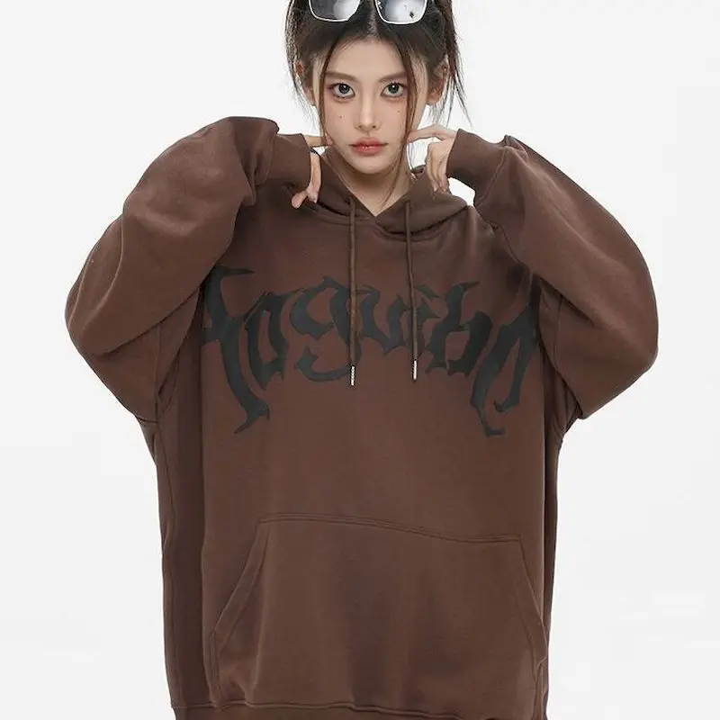 Oversized Hoodies for Women Men American Vintage Letter Hooded Sweatshirt High Street Couple Plush Hooded Coat Spring Autumn Top