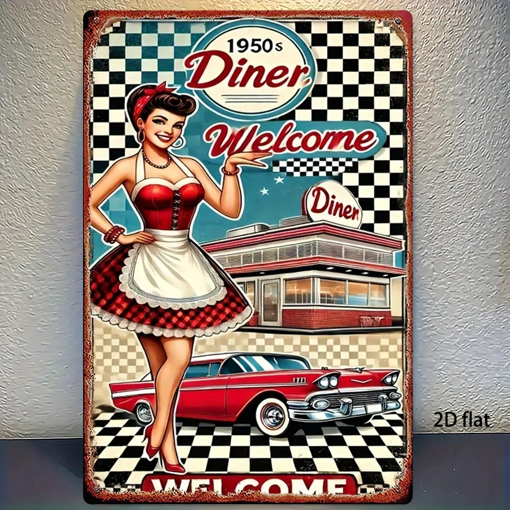 Arte de pared de metal vintage de los años 50, mini letrero de cena con camarera y coche, hierro pesado, fácil de colgar para el hogar, cafetería, bar, garaje