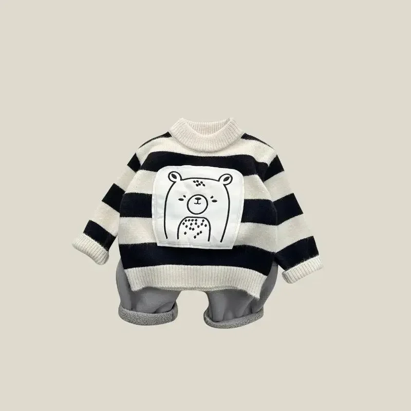 Autumn Winter Boy Baby Patch Bear Knitted Thicken Sweater Girl Children Fashion Cartoon Knit Pullover Shirt Newborn Casual Tops