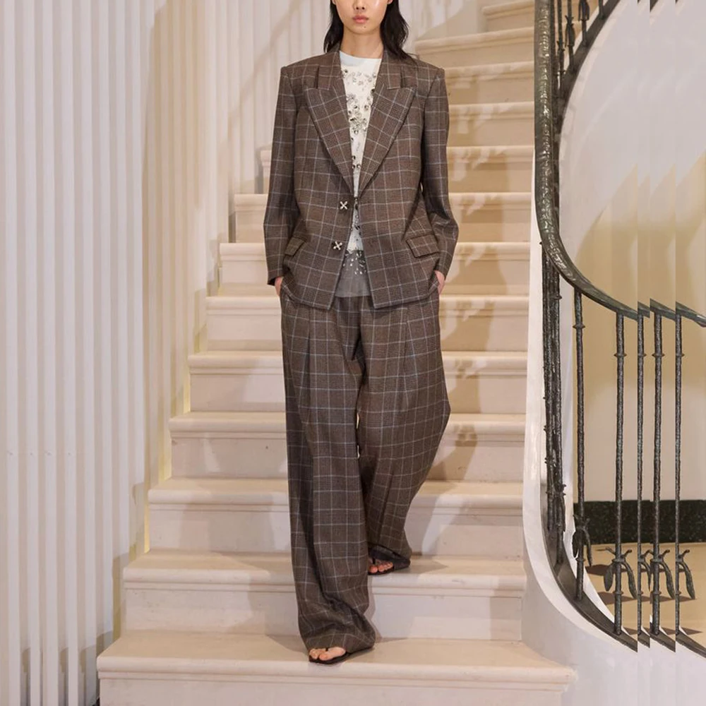 

Fashion Plaid two Pieces Suit Set for Women Single Breasted Peak Lapel Jacket Pant Set Loose Fit Office Business Female Clothing