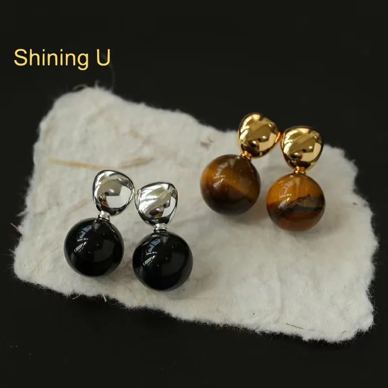 Shining U Black Agete Tiger Eye  Round Stud Earrings for Women Fashion Jewelry Autumn
