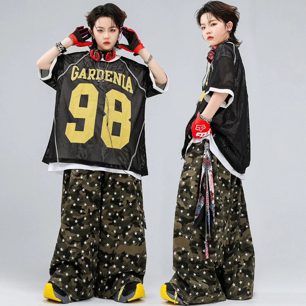 

Детская уличная одежда для мальчиков и девочек: комплект из футболки с коротким рукавом из сетки и свободных брюк в стиле хип-хоп, сценический костюм