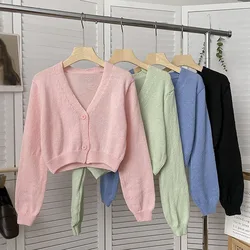 Women's Solid Casual V Neck Knitted Cardigan Long Sleeve Sweet Crop Top Sweater For Spring Autumn All-Matching Outerwear