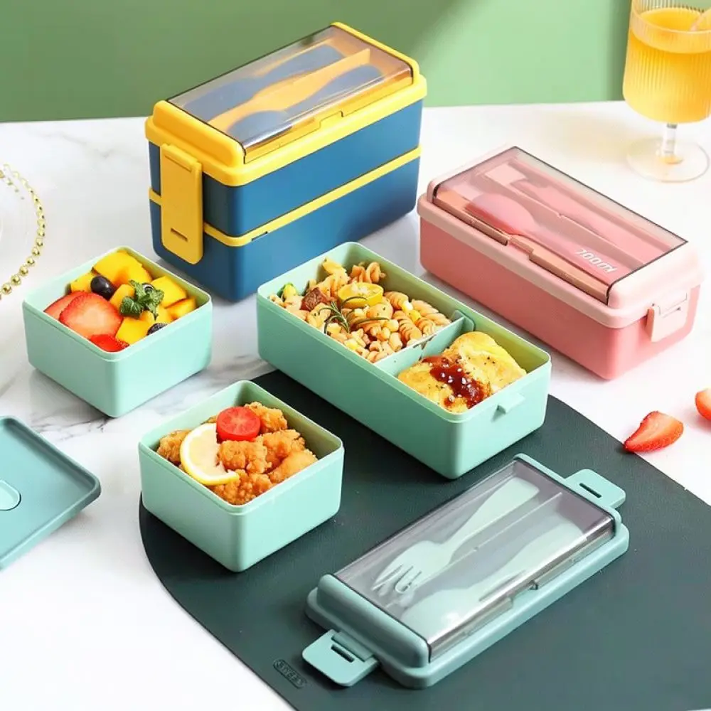 Japanese Style Divided Lunch Box Microwaveable Leakproof Food Container Portable Plastic Bento Case With Cutlery For Office