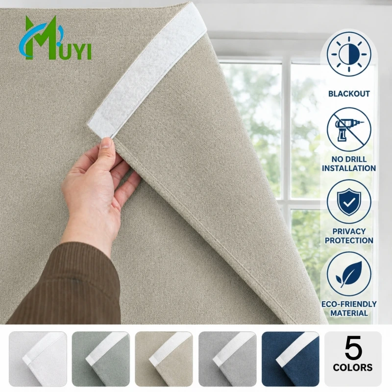 1 PC Faux Linen Blackout Curtain with Hook and Loop No Drill Window Sun Blocking Thermal Insulation Privacy Cover for Bedroom