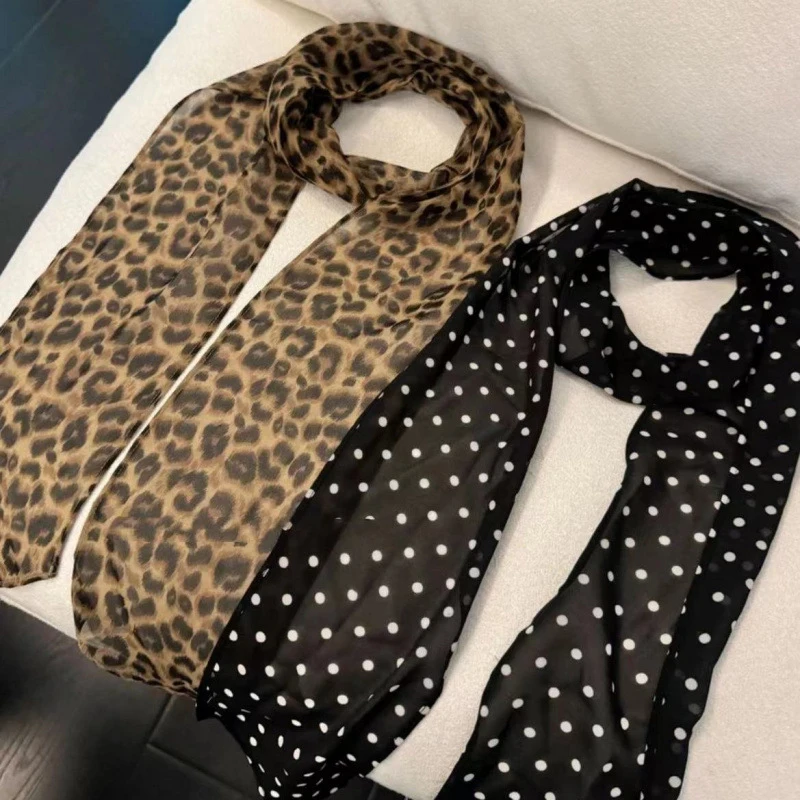 Pure Desire Wind Sexy Autumn Winter Retro Leopard Polka Dots Print Silk Scarf Women's Fashion All-match Belt Scarf Accessories