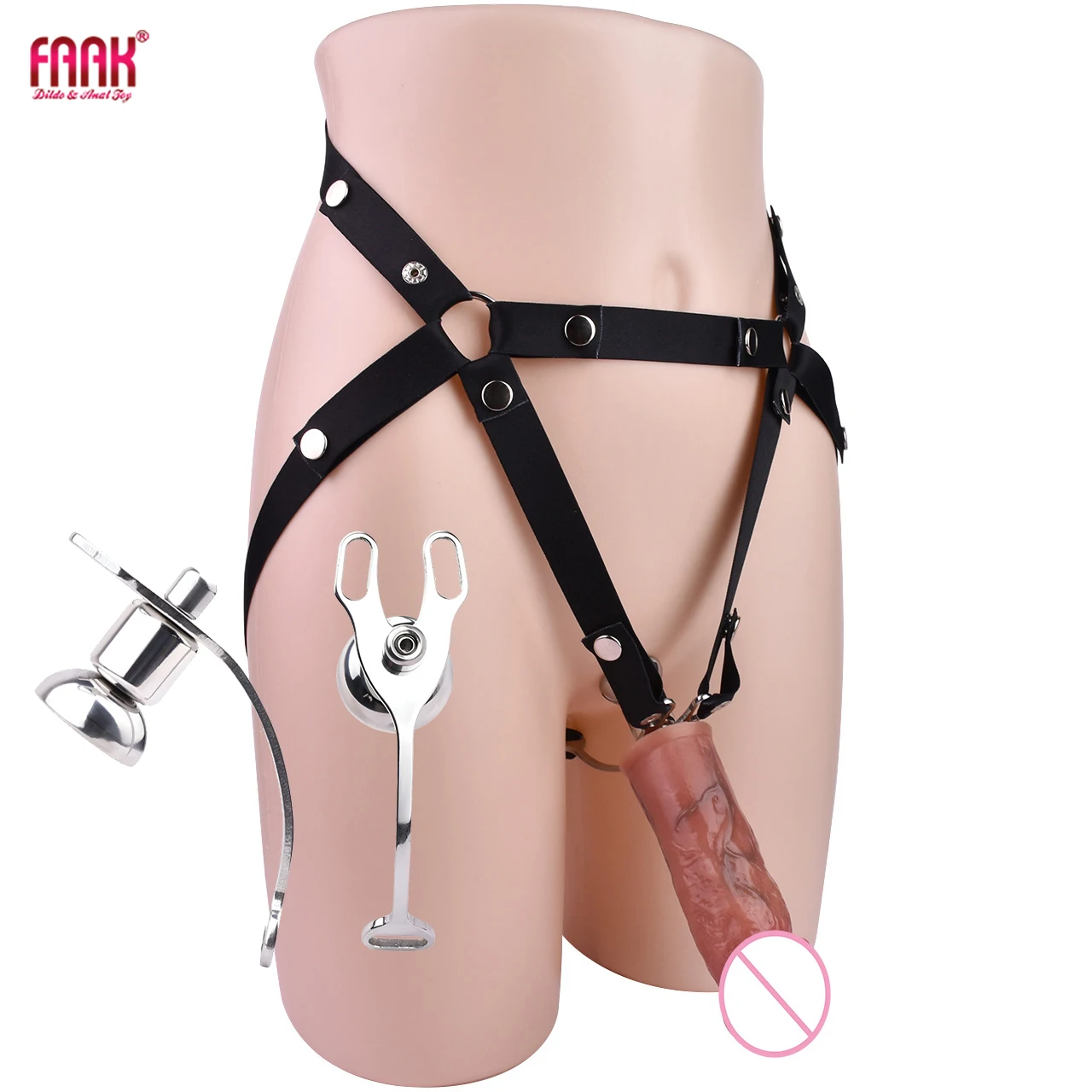 

FAAK Strap-ons Stainless Steel Flat Inward Pressure Chastity Cages With Long Silicone Realistic dildo Sex Toys For Man