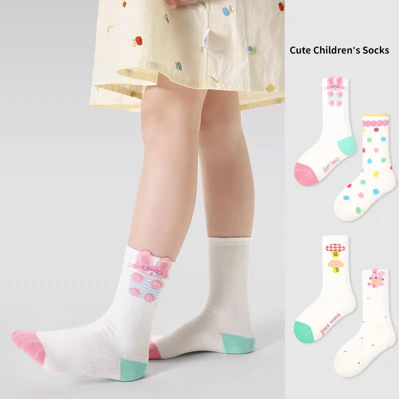 4 Pairs Cute Cotton Combed Children Girls Half Socks Mushroom Rabbits Polka Dots Pattern Design High Quility Soft Cozy Socks