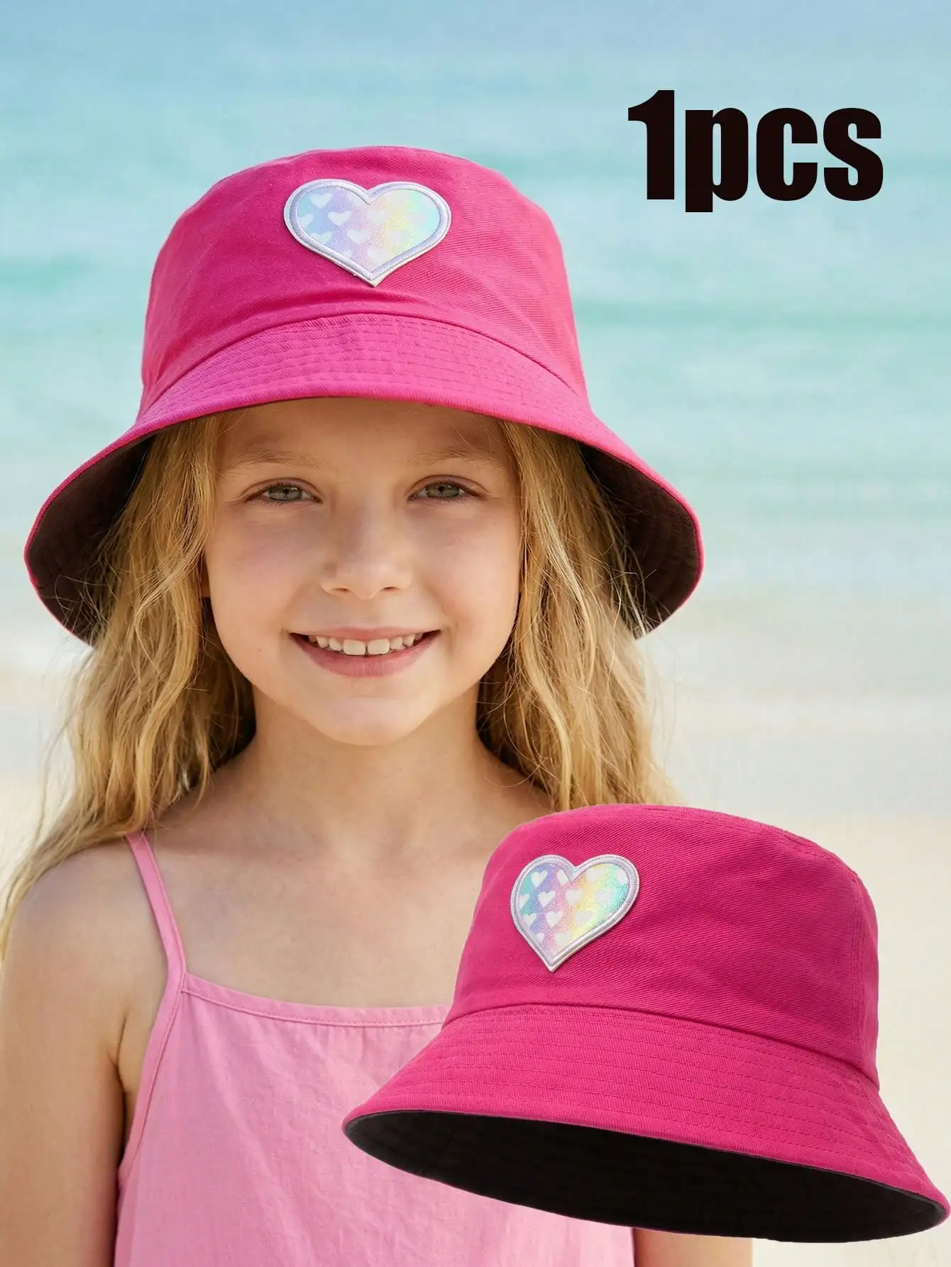 1 Stück 5-10 Jahre Mädchen Fuchsia Reversibler Fischerhut, Niedliches Herzmuster, Leichter Sommer-Sonnenhut, Tragbare Doppelseitige Kappe