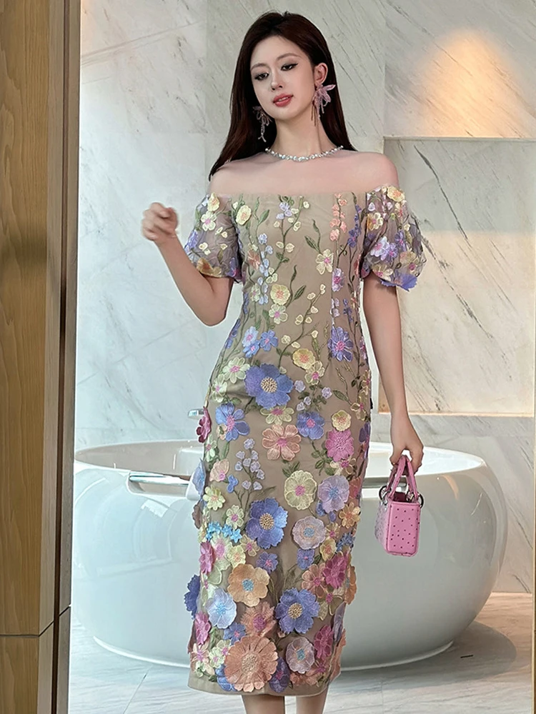 여성 의류 달콤한 꽃 자수 섹시 오프숄더 슬림 이브닝 드레스 우아한 여성 패션 파티 프롬 생일 드레스