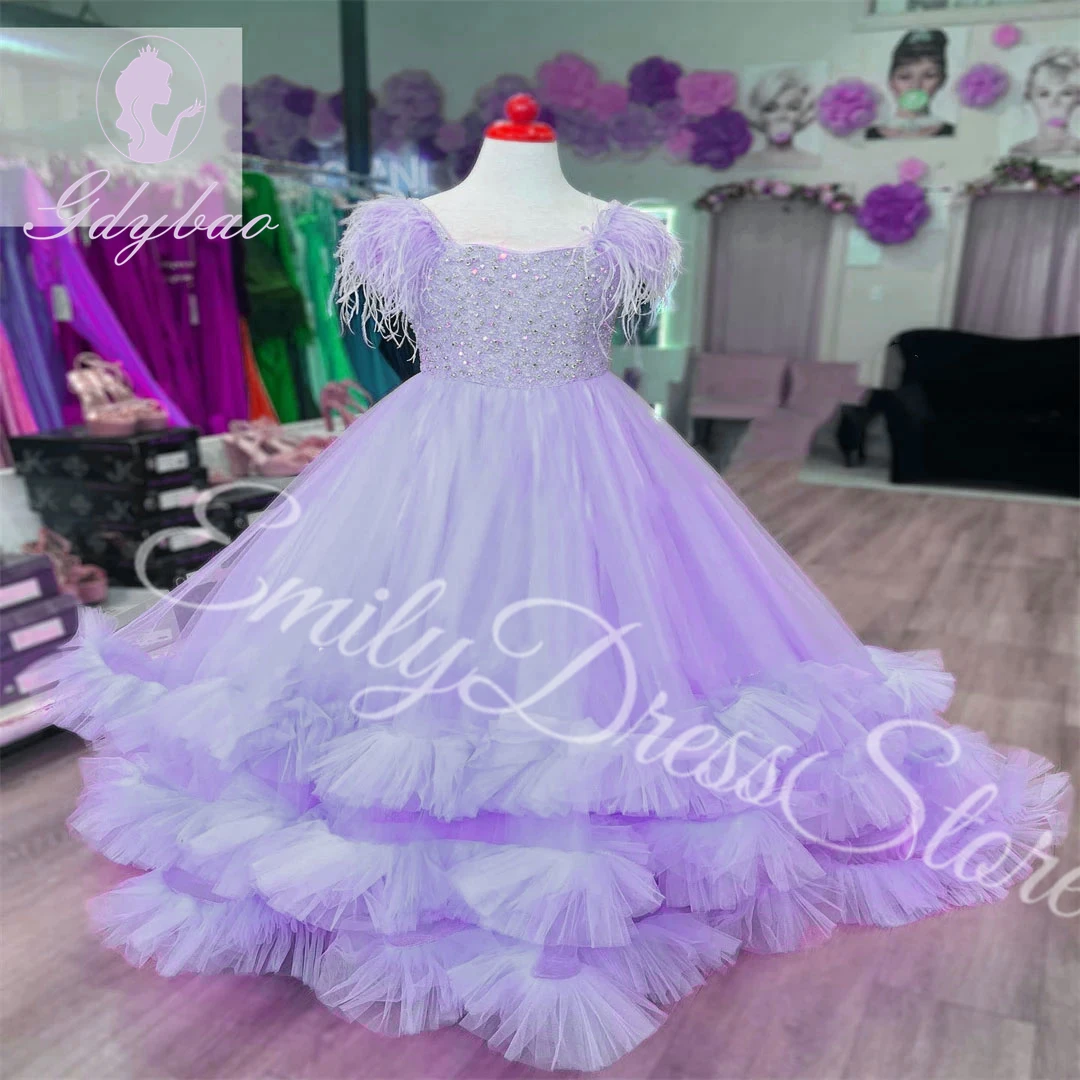 

Customized Light Purple Flower Girl Dress For Wedding Puffy Feather Beaded Kids Pageant Birthday Party First Communion Gowns