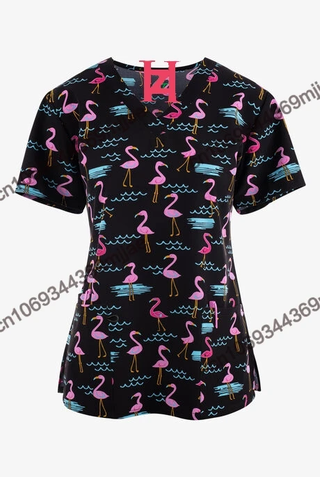 Beautiful printed T-shirt casual comfortable nurse uniform African American style 2024 New  V-neck Large pocket design T-shirt