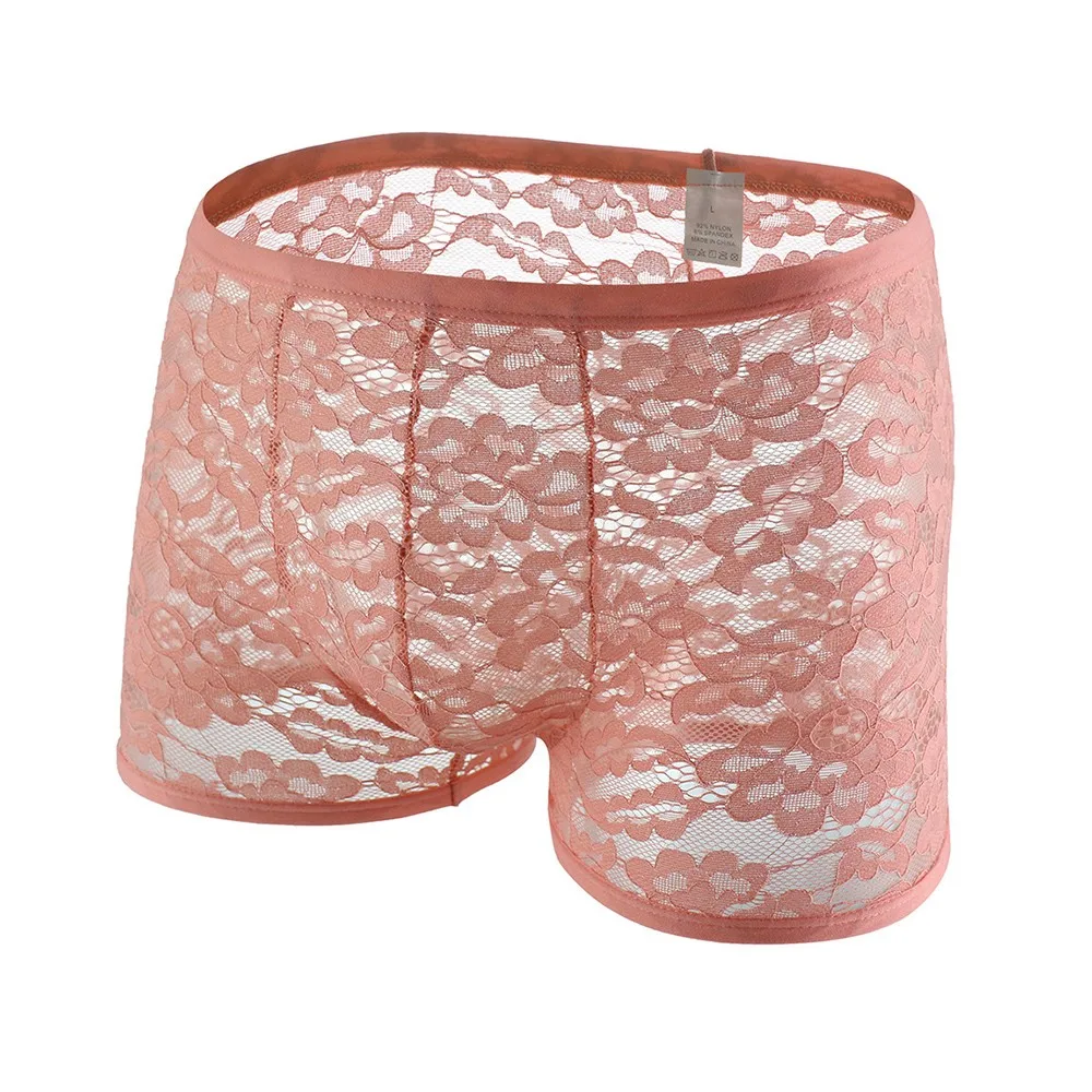 

Pink Color Mens See Through Lace Boxer Briefs Boxershorts Underwear Breathable Super Thin Tight Underpants