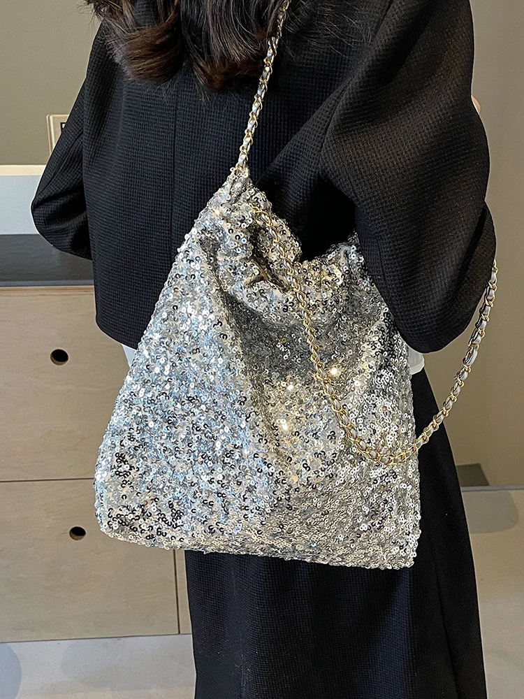 Sequin Bucket Handbags and Purse Underarm Tote Bag for Women 2024 New Fashion Shiny Chain Shoulder Bag Female Prom Party