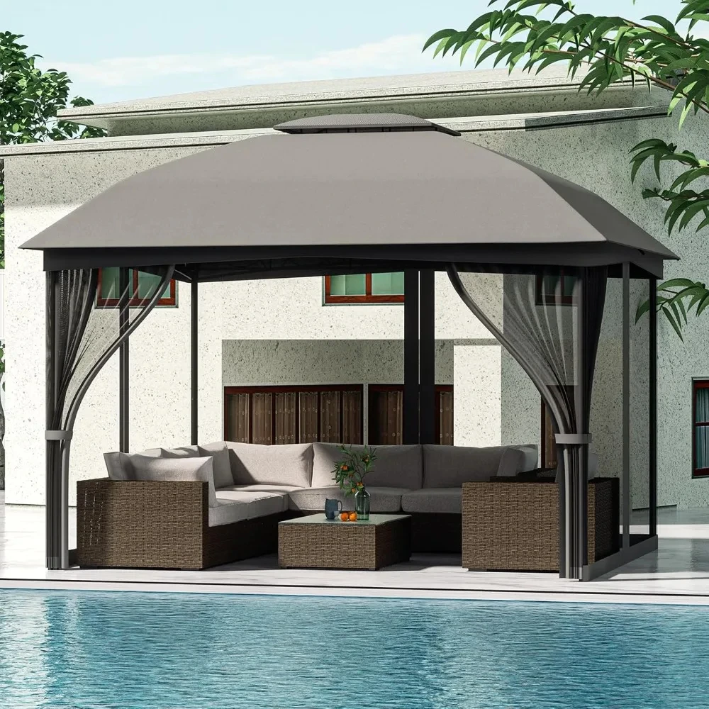 Gazebo 10 'x 12' พร้อมมุ้งกันยุง,ยุโรปสไตล์ Gazebo ระบายอากาศหลังคาคู่,ศาลากลางแจ้งสําหรับ Patio,สวน,สนามหญ้า