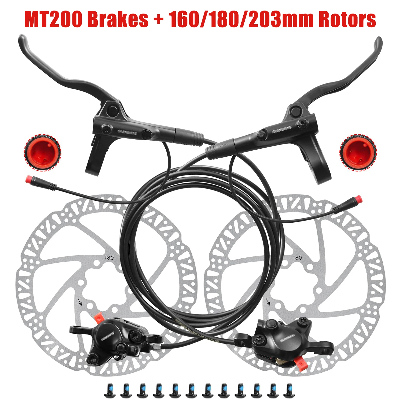 

MT200 Hydraulic Brake Set for Ebike 2-Pin Power-Off with 160/180/203mm Rotors 2Piston Hydraulic Brakes Pre-Bled with Mineral Oil