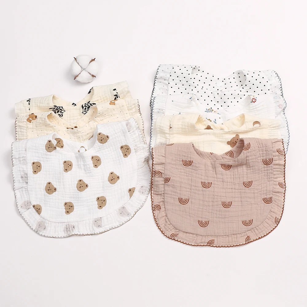 New U-type Baby Bib Embroidery Lace Wave Point Cute Cartoon Animal Cotton Gauze Drool Bibs Soft Cotton Burp Cloth Feeding