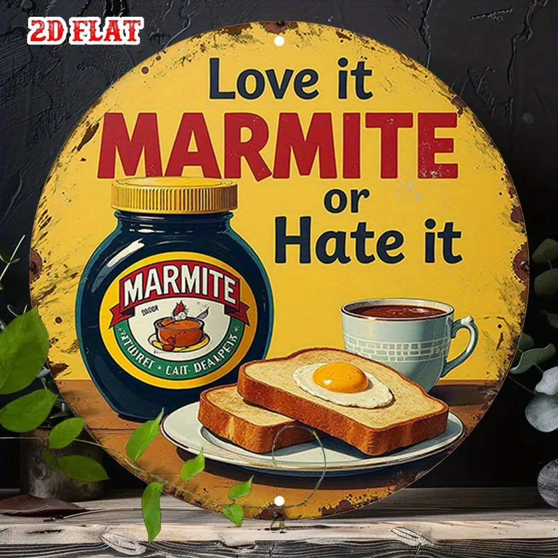 Letrero de aluminio redondo marmite plano 2D, 1 unidad, arte de pared de comida británica "Love It or Hate It", decoración rústica de desayuno para el hogar, garaje