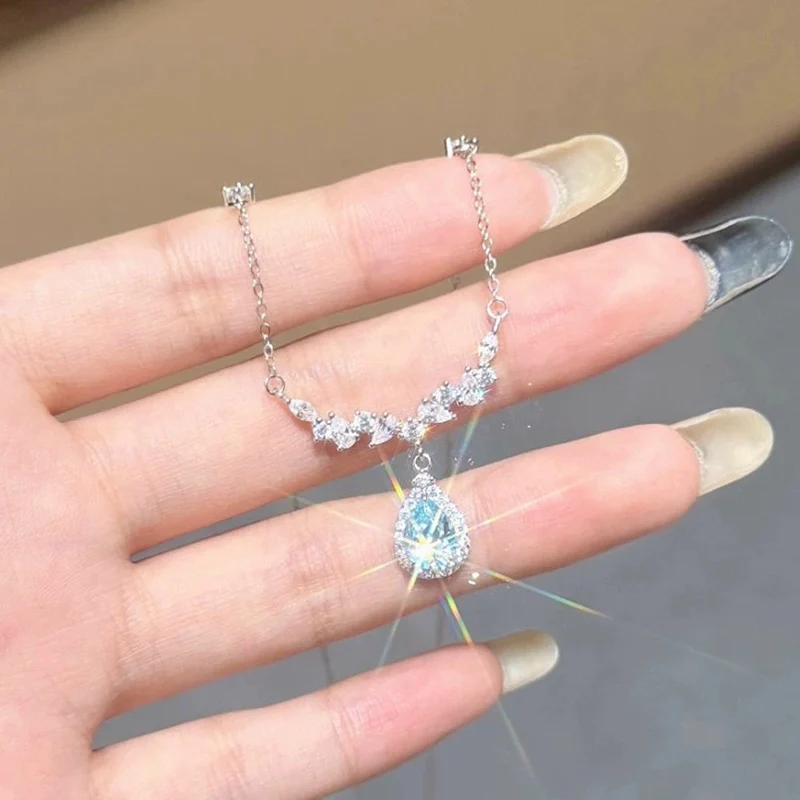 Blue Tears Necklace for Women Light Luxury High Grade Water Drop Lock Chain Fashion and Versatile Full Zircon Necklaces KOFSAC