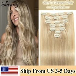 Clip In 100 % Human Hair Extensions Natural Straight 12-24 inches Clip Hair Extension Human Hairpiece 100-120g 7pcs/set isheeny