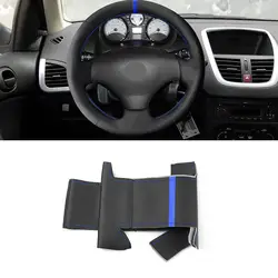 For Peugeot 206 2007 2008 2009 207 Citroen C2 Hand Stitched Car Steering Wheel Cover Microfiber Leather Protection Trim blue bar