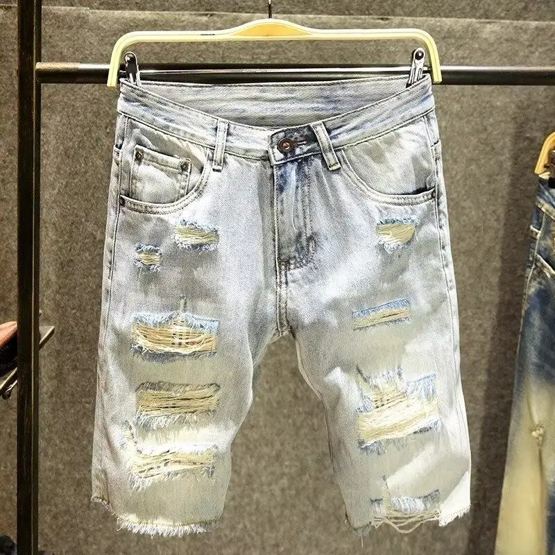 Light-colored New 2026 Denim Shorts Men's Summer Thin Middle Pants Trendy Brand Slim-fit Holes Beggar Casual Punk Clothing
