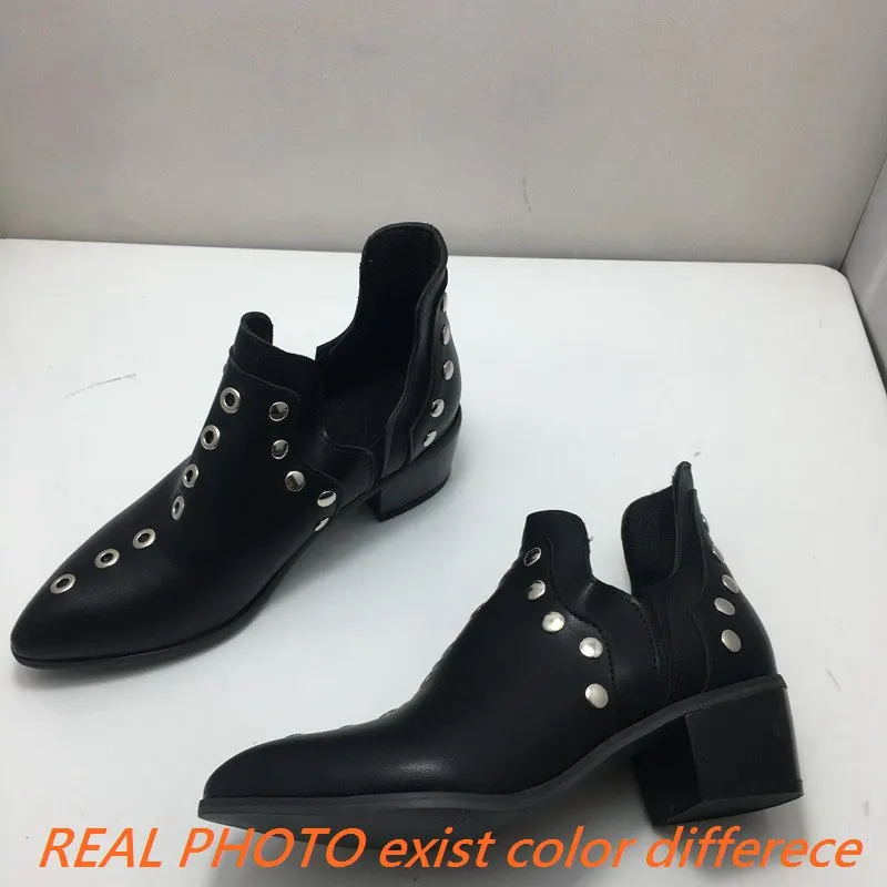 REAVE CAT Office-Lady Ankle Boots Pointed Toe Chunky Heels Rivets Slip-On Cool Big Size 34-43 Black Brown Fashion Winter S3314