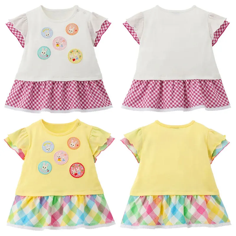 New Summer Korean Style Girls' Cute Cartoon Bunny Embroidery Patchwork Colorblock Short Sleeve T-Shirt Dress Top, Casual