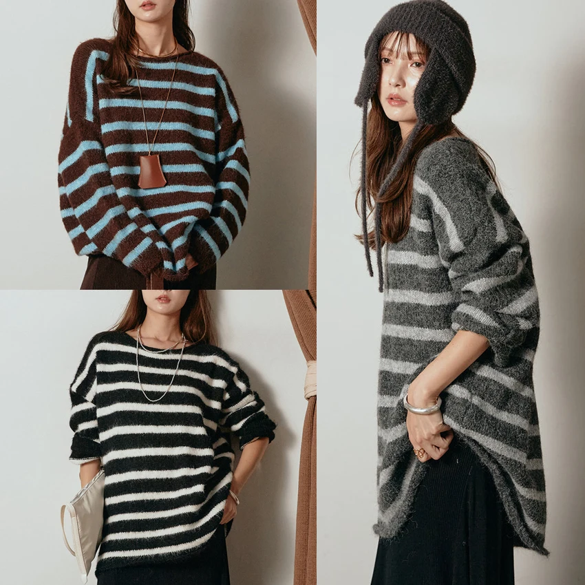 

Autumn Winter New Contrasting Striped O-Neck Pullover Women's Temperament Versatile Loose Tops Casual Beautiful Sweater