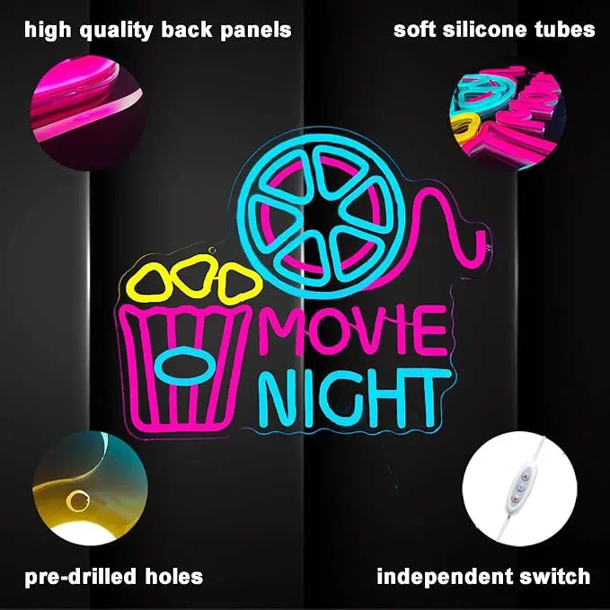 Movie Night with popcorn carton neon, movie theater LED neon for wall decoration, movie home theater decoration, dimmable USB