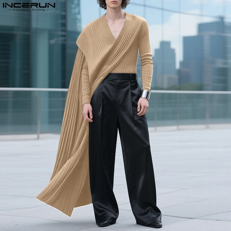 

INCERUN Мужская длинная стильная футболка, однотонная трикотажная футболка с v-образным вырезом и длинным рукавом, нерегулярные футболки, мужские уличные модные повседневные футболки