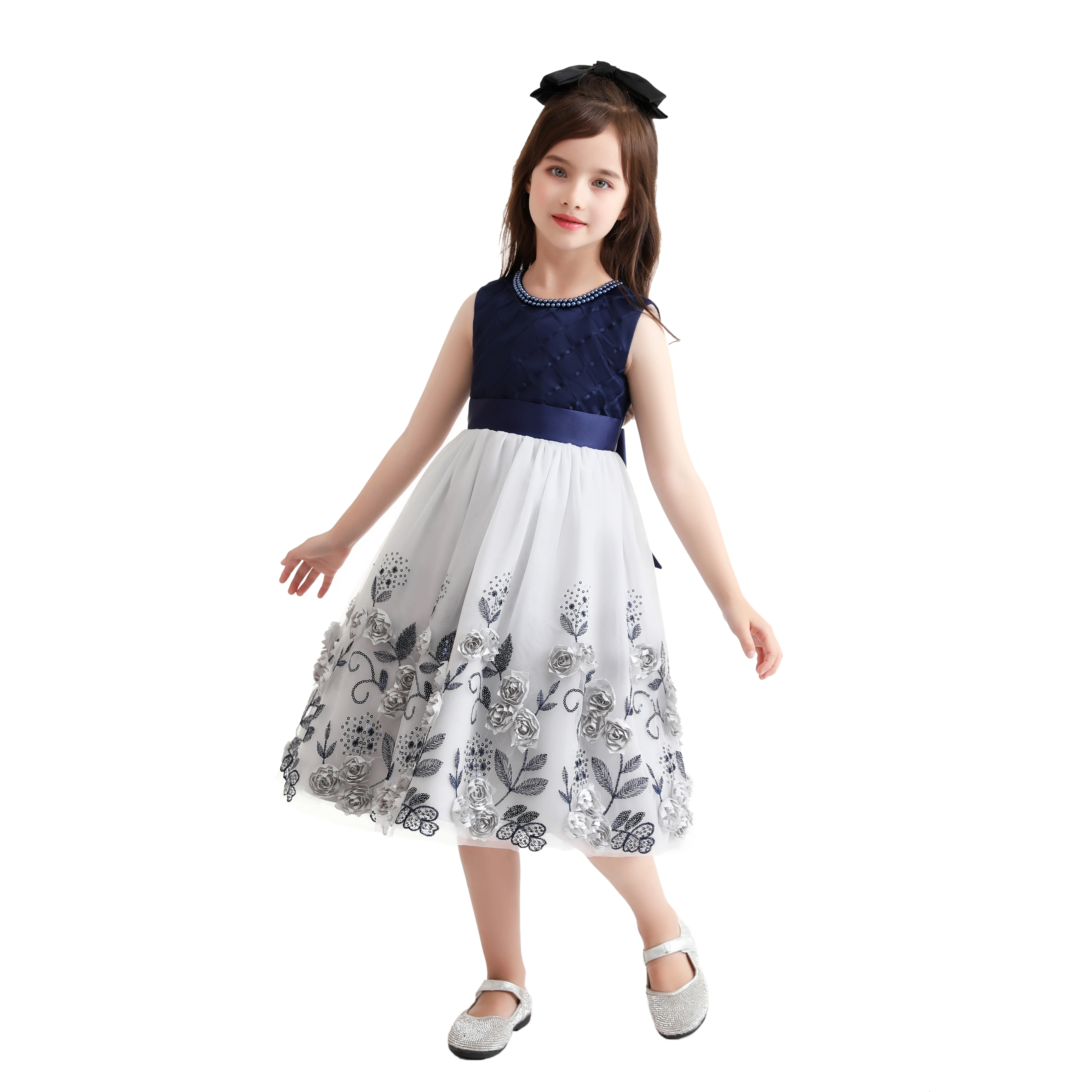 Blumen-Spitzenkleid für Mädchen mit Perlenkragen und Netz-Chiffon-Stoff, Prinzessinnenkleid für Kinder, flauschiger Rock