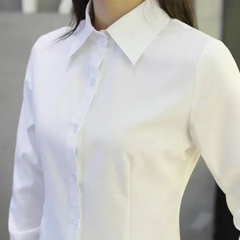 White Women Shirt Fashion Long Sleeve Working ClothesTurn Down Collar Female Blouse Button Up Shirts Office Ladies Elegant Tops