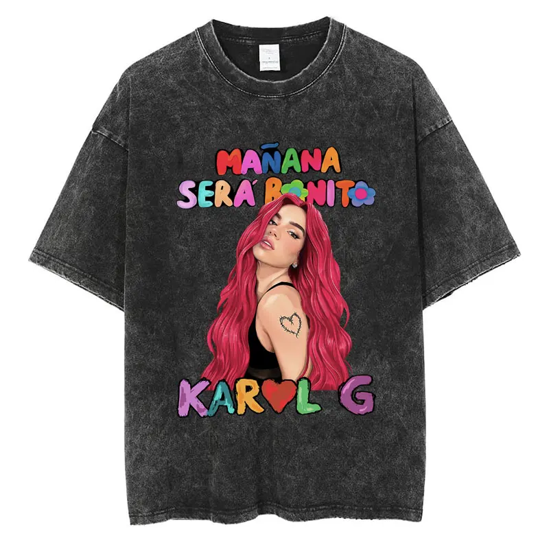 Karol G Manana Sera Bonito Print Washed T Shirt Hip Hop Fashion Men Women Clothes Loose Pure Cotton Casual T-Shirts Streetwear