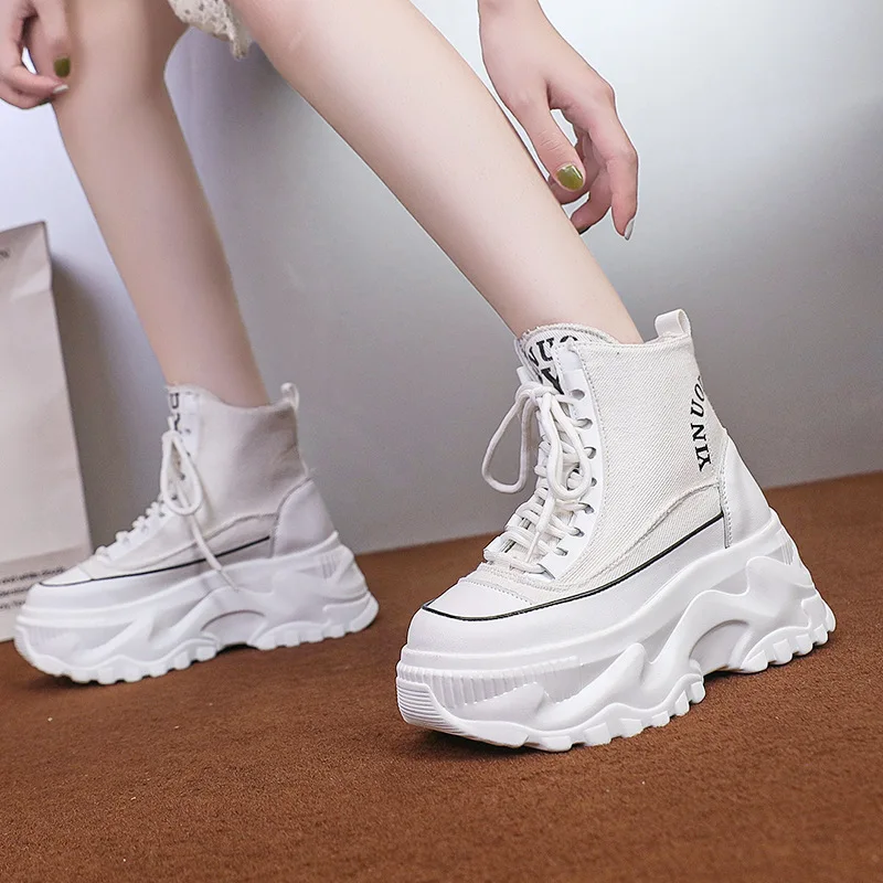 Fashion Chunky Platform Motorcycle Boots Women Autumn Winter Thick Bottom Ankle Botas Mujer White High Top Gothic Sneakers Shoes