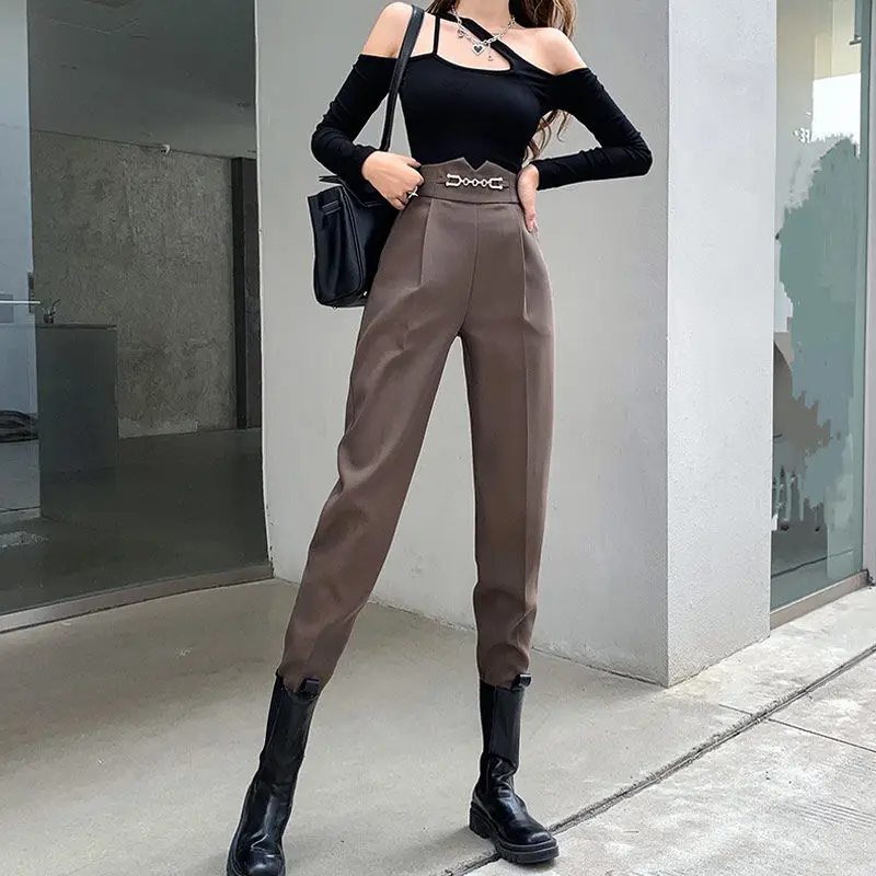 Women's Versatile High Waisted Chains Slim Casual 2024 Spring and Autumn New Solid Color Patchwork Asymmetric Harlan Boots Pants