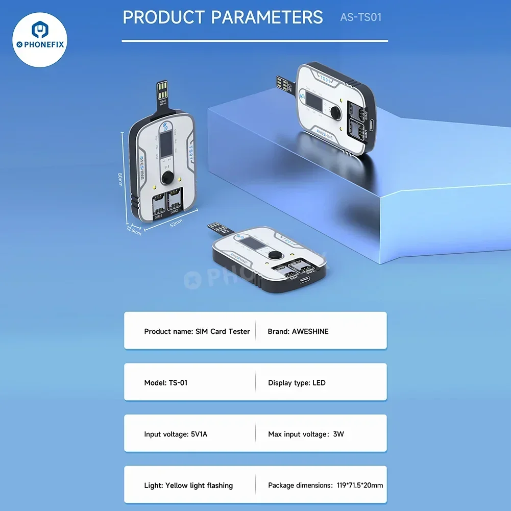 جهاز اختبار بطاقة SIM العالمي من Aweshine TS-01 يكتشف فتحات بطاقة SIM للهاتف/الوسادة دون تفكيك أدوات إصلاح آيفون وأندرويد