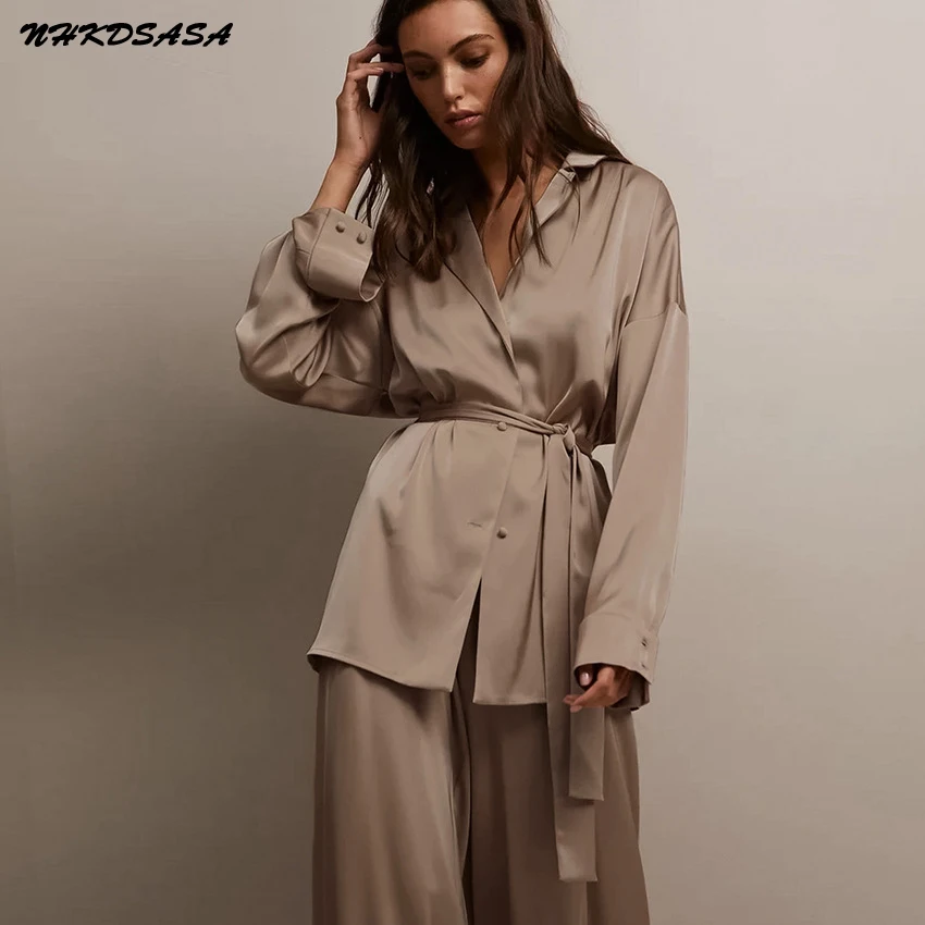 NHKDSASA Lace Up Full Sleeves Sleepwear Women Pajamas Sets Womens Outfits Wide Leg Pants Trouser Suits 2022 Homewear Winter