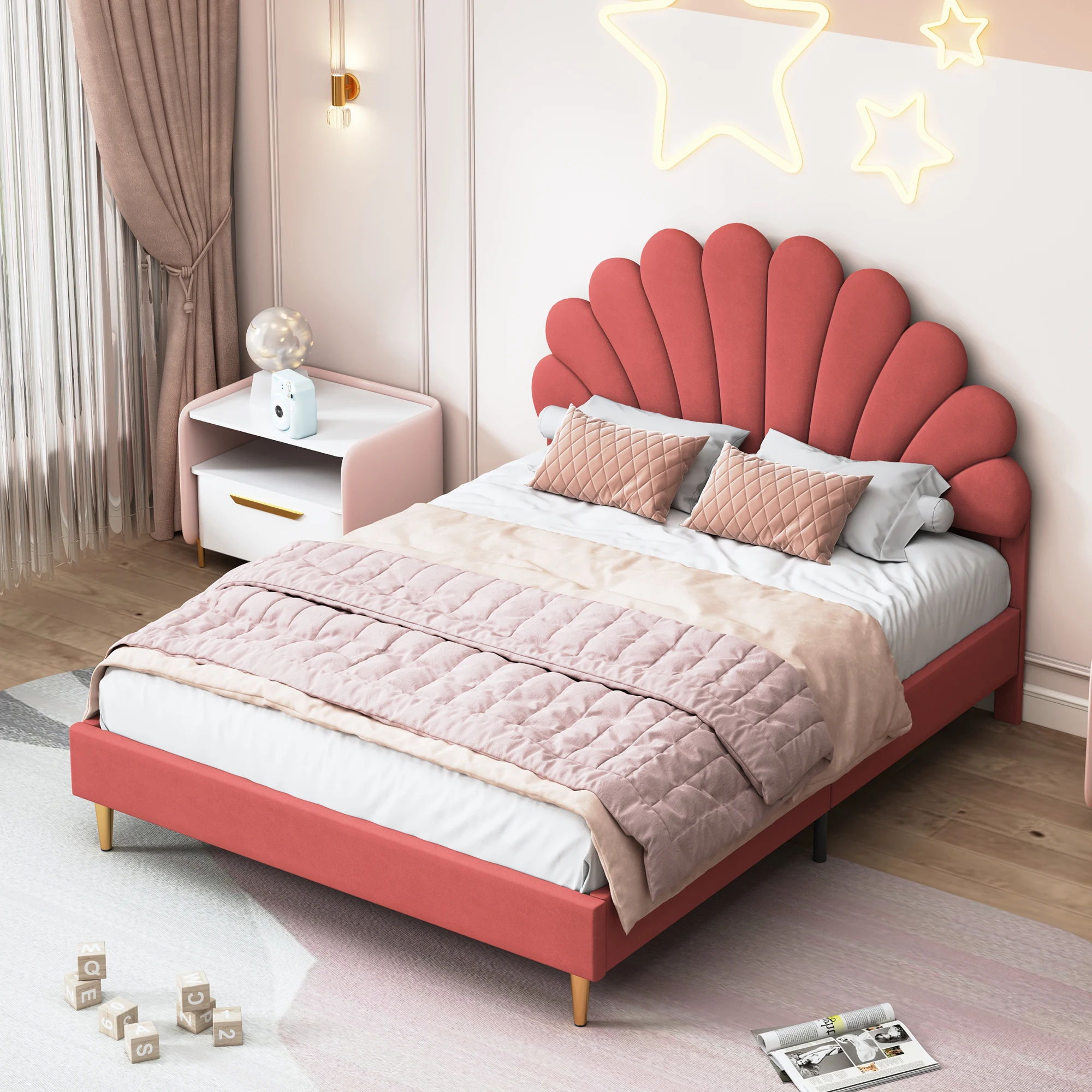 Upholstered bed double bed frame with flower-shaped headboard and slatted base  -140x200 cm- without mattress