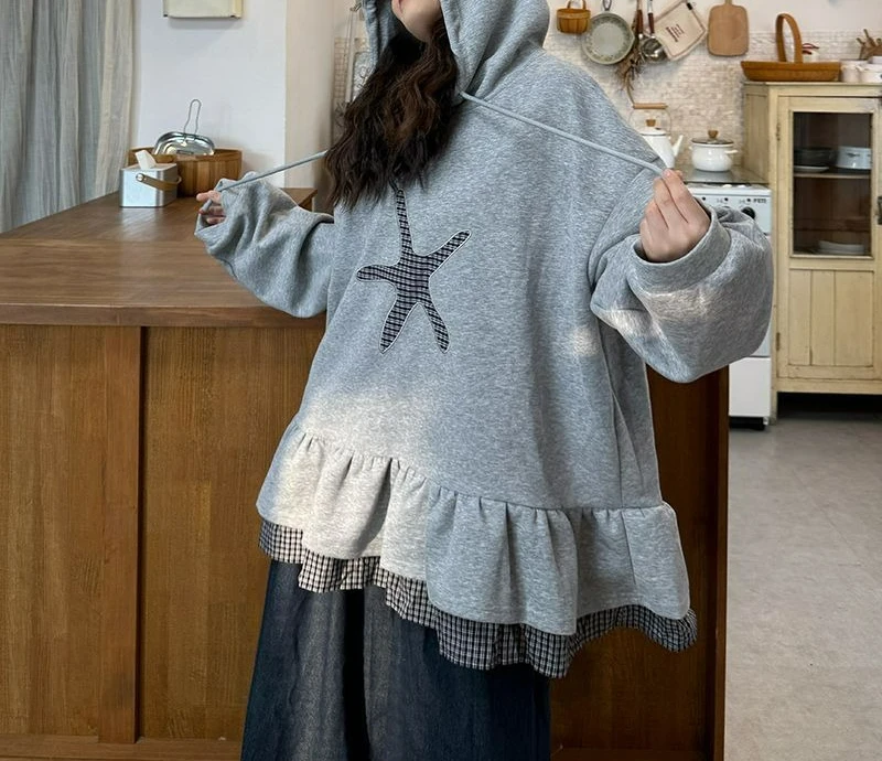 Splicing Plaid Hooded Sweater Women's Autumn and Winter Fleece Thickened Casual and Thin Outerwear Top