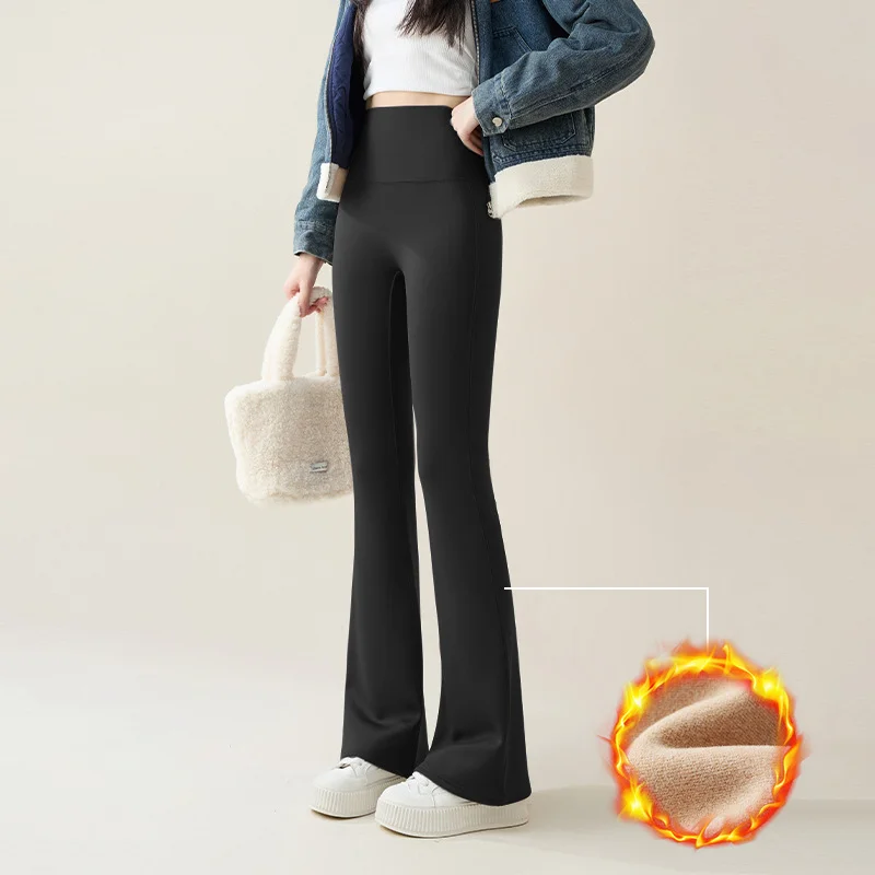 Autumn Winter Rabbit Fleece Sharkskin Micro Flared Pants Leggings Women Elastic High Waist Slim Warm Horseshoe Pants