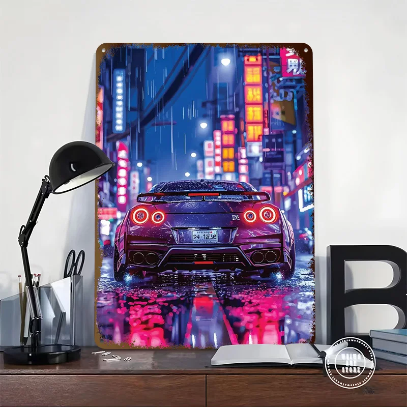Sports Car Skyline in Neon City Printed Poster Customized Wall Art Retro Vintage Metal Tin Signs for Room Decoration Home House